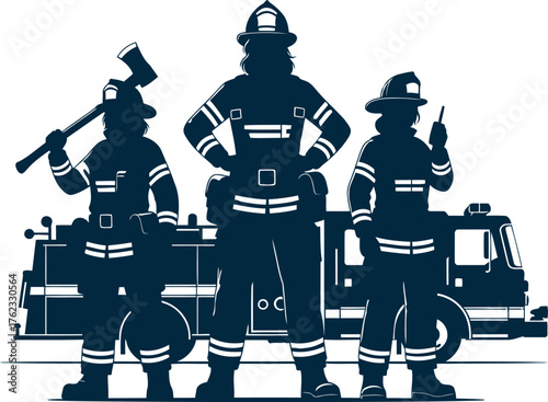 Brave firefighters in uniform standing proudly next to a fire truck ready for duty