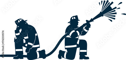 Firefighters in silhouette using a hose to spray water and combat a blaze