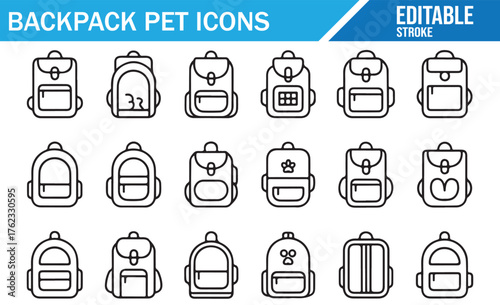 Modern pet backpack vector illustrations, editable stroke icons for travel and safety design