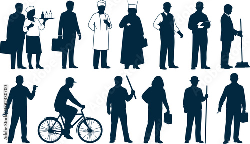 Diverse group of silhouetted professionals and workers in various occupations and activities collection