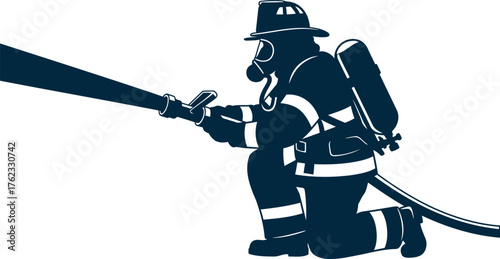 Brave firefighter in protective gear with hose spraying water during an emergency operation