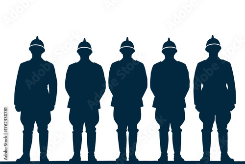 Five silhouetted soldiers in historical military uniforms standing in formation side by side