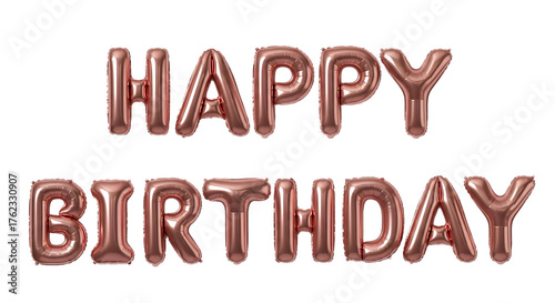 Rose gold foil balloons spelling happy birthday isolated on transparent background