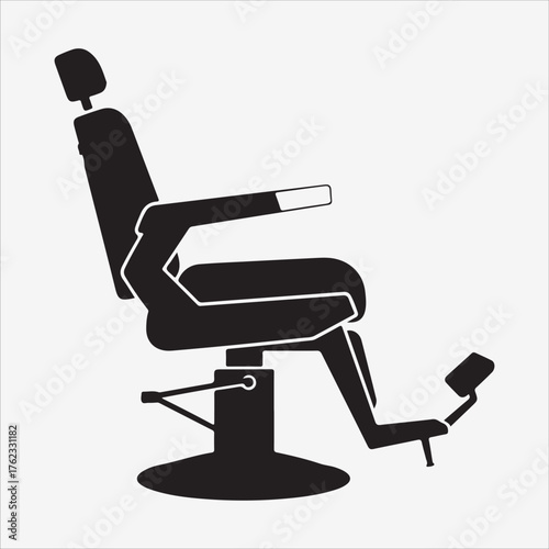 A black silhouette of a barber chair, featuring a reclining seat, adjustable headrest, footrest, and hydraulic pump base