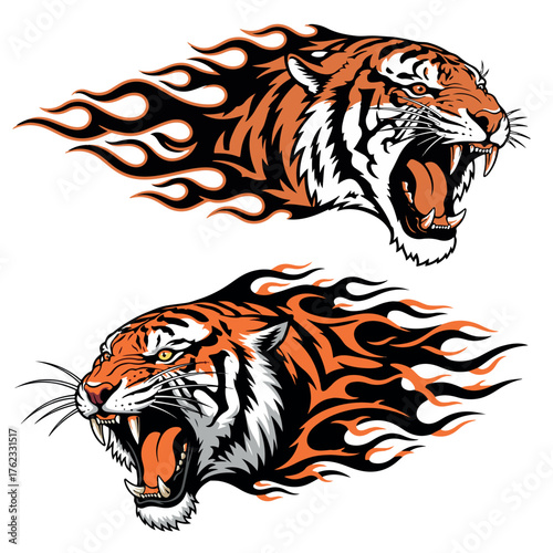 Fiery tiger head graphics roaring with intense power and motion vector