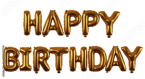 Golden happy birthday balloons isolated on transparent background