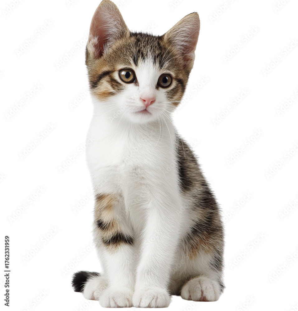 Fototapeta premium White and brown kitten sitting full body isolated on a transparent background