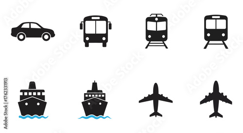 Collection of simple black silhouette icons representing various modes of transport