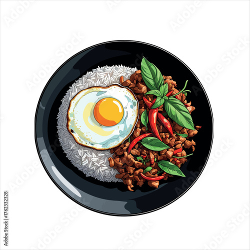 Vector art of top view of pad kra pao gai with fried egg