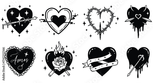 A collection of darkly themed heart designs with symbolic elements