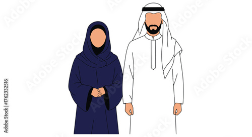 Traditional arab couple depicted in a simple minimalist illustration style