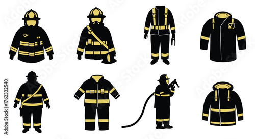 Illustrative collection of firefighter uniforms and protective gear in black and yellow