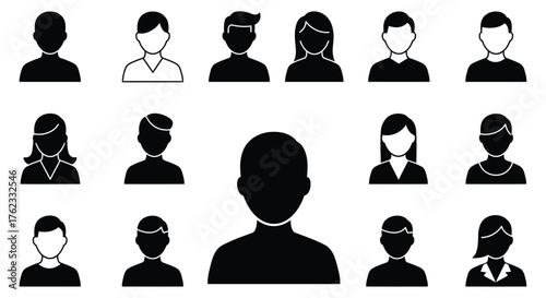 Collection of minimalistic black and white avatar silhouettes representing diverse people