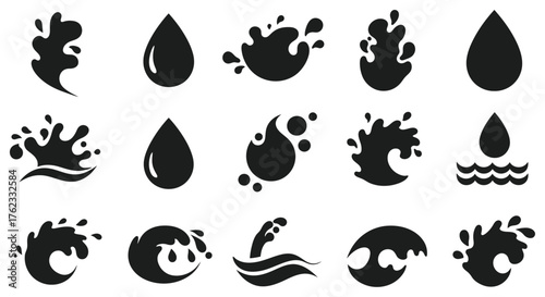 Collection of various black water droplet and splash graphic elements