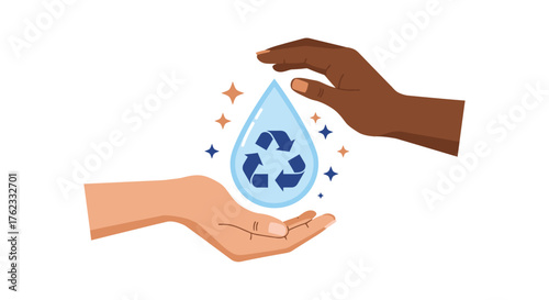 Hands cradling a water drop with a recycling symbol inside