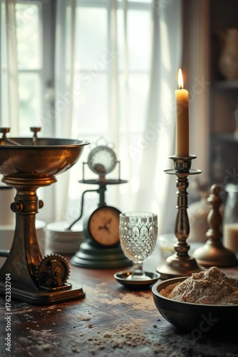 Cozy kitchen scene with antique scale and candle offering a warm, inviting atmosphere for culinary enthusiasts and vintage decor lovers alike