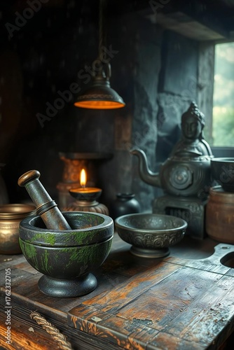Meditative zen still life with mortar and pestle, candle light, and buddha teapot creating a calming and peaceful atmosphere for wellness practices