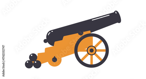 A vintage cannon with cannonballs isolated on a simple white background