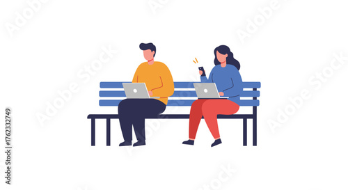 Two people working remotely on laptops while sitting on a park bench
