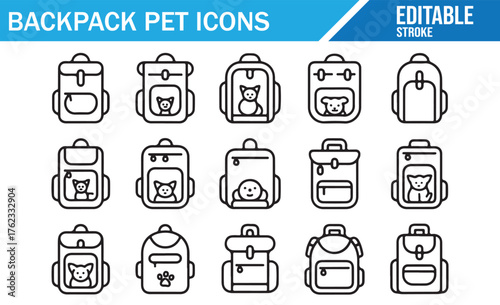 Editable stroke vector icons of pet backpacks, cat and dog travel bag illustrations