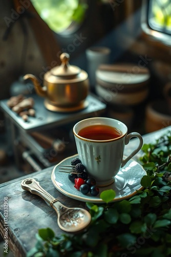 Enjoy a calming cup of tea with fresh berries in a rustic setting, perfect for cozy mornings and mindful moments that inspire relaxation and focus now