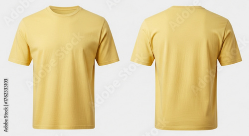 Front and back view of a simple yellow tshirt on a white background for apparel