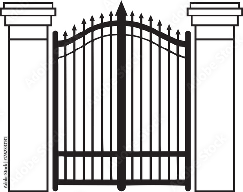 Elegant wrought iron fence and gate with intricate vintage decoration and design for architecture security