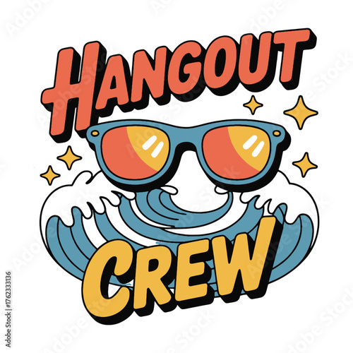 Retro style sunglasses on ocean waves with text Hangout Crew and stars vector