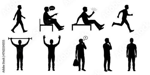 A collection of male silhouettes in various everyday poses and actions like walking running and thinking.
