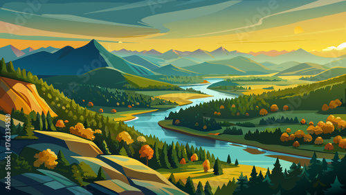 1. Very beautiful aerial view of the Ouachita Mountains in Arkansas, featuring lush forests, winding rivers, and golden sunlight casting serene shadows over rolling hills in a peaceful natural landsca