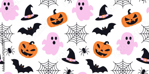 Seamless Halloween pattern: pink ghost, pumpkin, witch hat, bat, spider, web. For background, wrapping paper, card, banner, textile, print packaging, wallpaper, fabric, holiday decor. Flat vector.