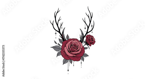 Elegant Deer Antlers with Red Roses and Hanging Beads Illustration.