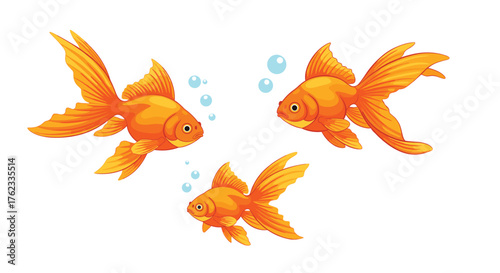 Three vibrant goldfish swimming gracefully with bubbles isolated on a clean white background showcasing their beautiful orange fins.