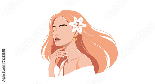 Beautiful Woman with Long Flowing Hair and a White Flower Adorning Her Ear.