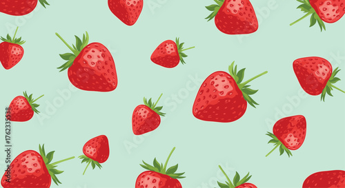 Vibrant Red Strawberries Scattered on a Light Green Background Seamless Pattern.