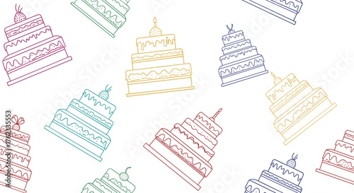 Colorful Hand-Drawn Cake Pattern on White Background.