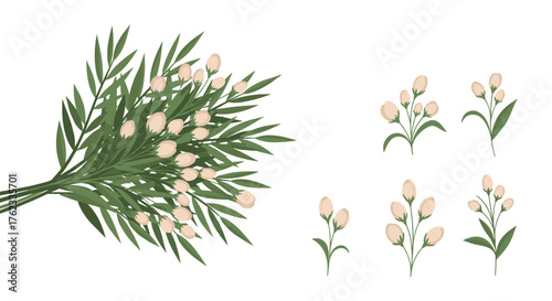Elegant floral arrangement with delicate white blossoms and green foliage.