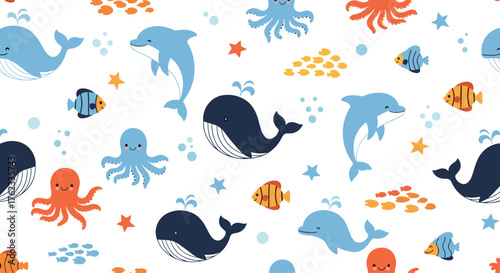 Ocean Life Seamless Pattern with Whales Dolphins and Sea Creatures.