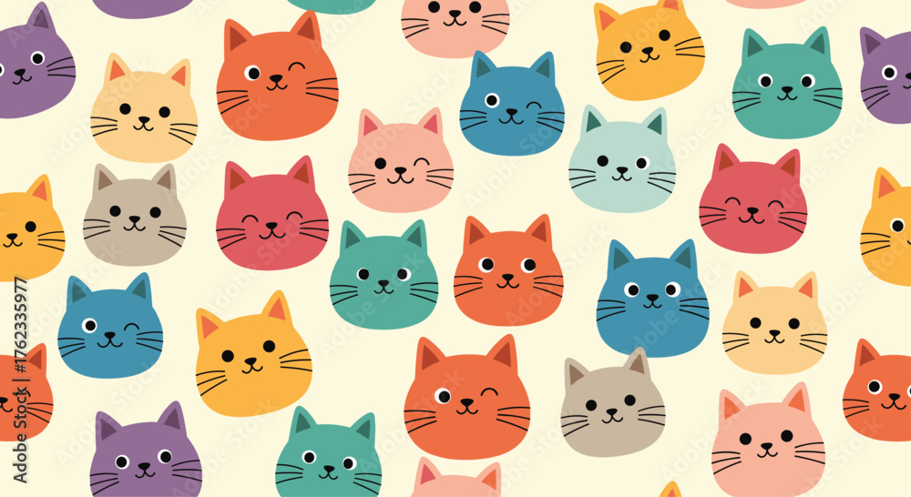 Obraz premium Colorful Cat Faces Pattern Design for Backgrounds and Prints.