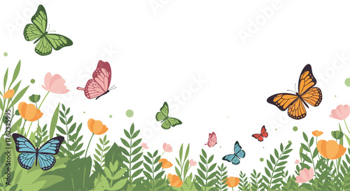 Butterflies Fluttering Over a Colorful Meadow of Flowers.