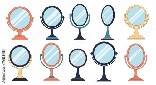 Collection of various mirrors with different shapes and stands.