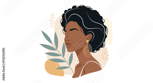 Elegant woman portrait with natural hair and floral background.
