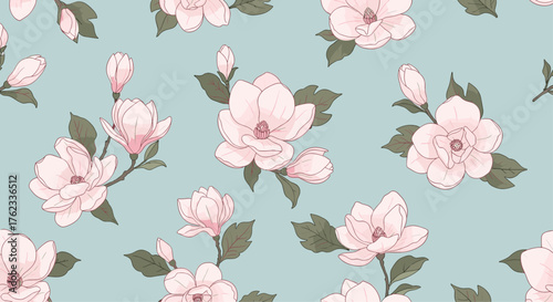 Elegant Floral Pattern: Pink Magnolia Blossoms on Blue Background.