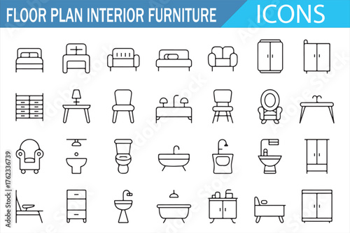 Editable outline icons of furniture for bathroom, bedroom, and living room planning