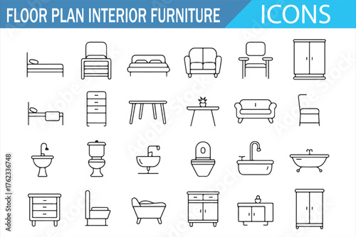 Thin line design icons showing modern home furniture and interior elements
