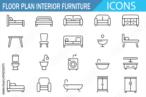Outline icon set of interior furniture for home and office floor plan design