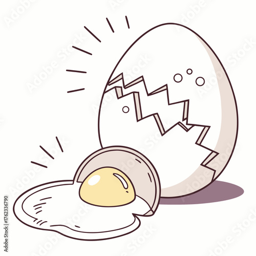Cracked egg with a glowing yolk and egg white on a white background  