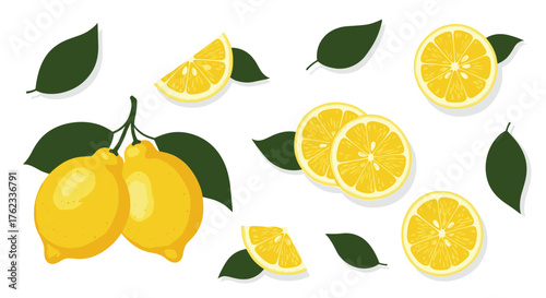 Fresh lemons with leaves slices and segments on white background.
