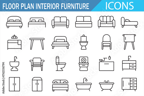 Set of minimal line icons showing interior furniture for floor plans, including beds, sofas, chairs, wardrobes, bathtubs, and sinks — outline design for architecture, real estate, and home layout visu