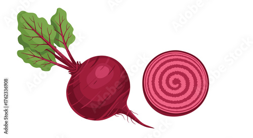 Fresh Whole Beetroot and Sliced Beetroot with Green Leaves.